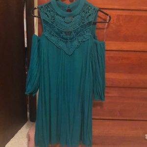 Teal flowy dress, high neckline